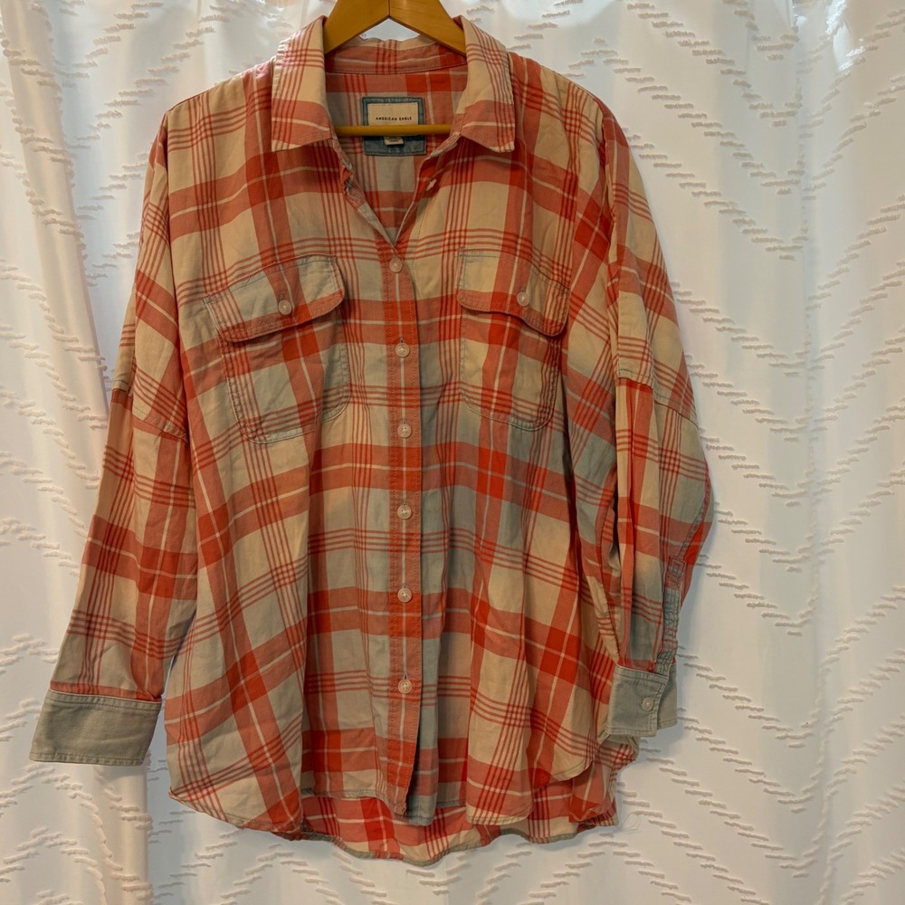 American‎ Eagle Womens Small Orange Plaid Button Down Flannel Shirt Oversized